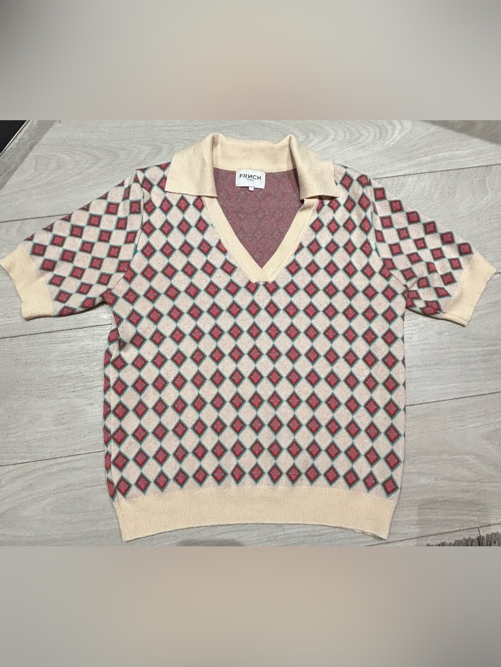 FRNCH Paris Short‑Sleeve Knit Sweater – Diamond Pattern – Size S